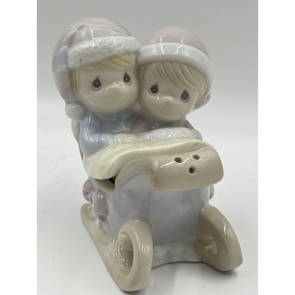 1995 Precious Moments Kids In Sleigh Salt Pepper Shaker Christmas